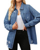 Model wearing blue frayed hem distressed button-down denim jacket