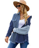 Front view of model wearing blue drop shoulders contrast corduroy button-down jacket