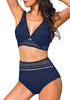 Front view of model wearing navy blue lace crochet V-neckline high waist bikini set