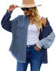 Front view of model wearing blue drop shoulders contrast corduroy button-down jacket