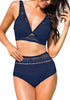 Back view of model wearing navy blue lace crochet V-neckline high waist bikini set