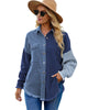 Front view of model wearing blue drop shoulders contrast corduroy button-down jacket