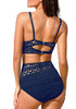 Angled shot of model wearing navy blue lace crochet V-neckline high waist bikini set