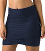 Front view of model wearing dark blue tulip hem fitted slim swim skirt