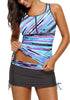 Front view of model wearing blue zip-front racerback drawstring tankini set