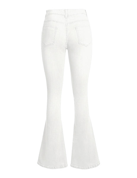 3d image of white mid-waist wide leg flared denim jeans