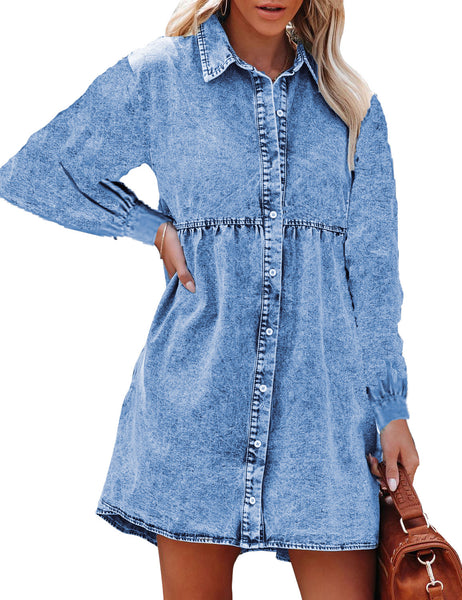 Long Sleeve Denim Dress for Women Jean Dress Button Down Casual Babydoll Denim Shirt Dress