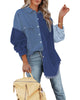 Model wearing blue drop shoulders contrast corduroy button-down jacket
