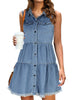 Front view of model wearing blue button down collar sleeveless tiered denim dress