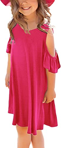 Girl's Summer Ruffled Cold Shoulder Short Sleeve Casual Loose Tunic A Line Dress 4-13 Years