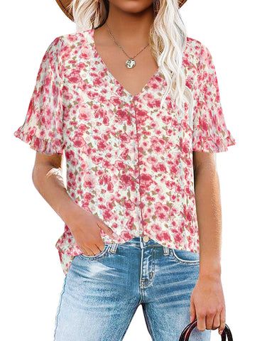 Pink Ruffle Trim Short Sleeves Printed V-Neck Button-Down Top