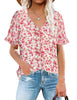 Model wearing pink ruffle trim short sleeves printed v-neck button-down top