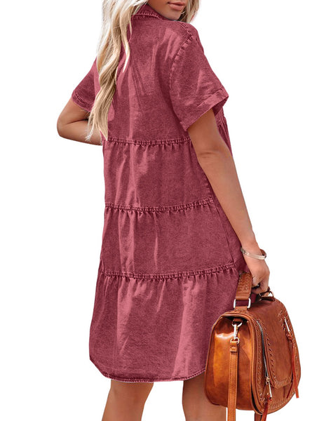 Baroque Rose Women's Short Sleeve Button Down Flowy Tiered Babydoll Denim Dress