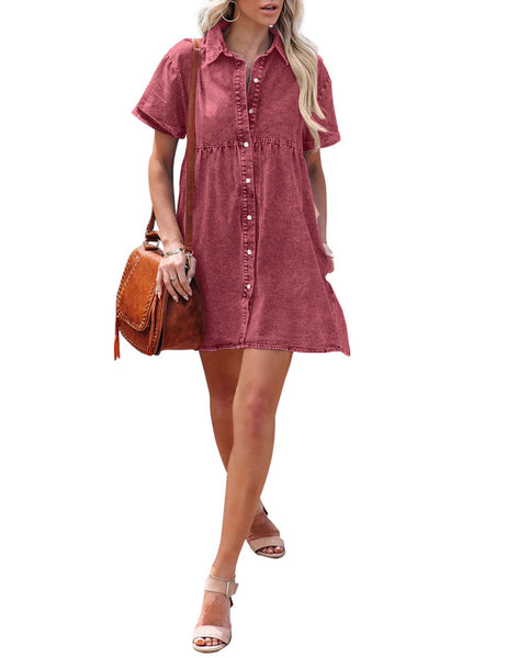 Women's Short Sleeve Button Down Flowy Tiered Babydoll Denim Dress