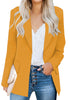 Front view of model wearing mustard yellow lapel front-button side-pockets blazer