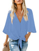 Bonnie Blue Women's V Neck Button Down Shirts 3/4 Bell Sleeve Tie Knot Blouse
