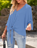 Bonnie Blue Women's V Neck Button Down Shirts 3/4 Bell Sleeve Tie Knot Blouse
