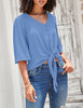 Bonnie Blue Women's V Neck Button Down Shirts 3/4 Bell Sleeve Tie Knot Blouse