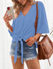 Bonnie Blue Women's V Neck Button Down Shirts 3/4 Bell Sleeve Tie Knot Blouse