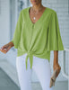 Women's V Neck Button Down Shirts 3/4 Bell Sleeve Tie Knot Blouse