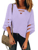Lavender Women's Casual V Neck Mesh Panel Blouse Tops 3/4 Bell Sleeve Shirt