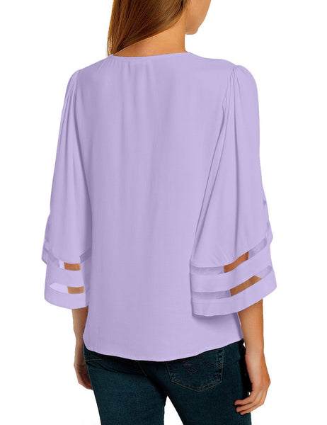 Women's Casual V Neck Mesh Panel Blouse Tops 3/4 Bell Sleeve Shirt