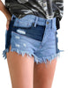 Angled view of model wearing Light Blue Colorblock Frayed Raw Hem Distressed Denim Shorts