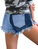 Back view of model wearing Light Blue Colorblock Frayed Raw Hem Distressed Denim Shorts