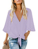 Pastel Lilac Women's V Neck Button Down Shirts 3/4 Bell Sleeve Tie Knot Blouse