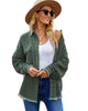 Front view of model wearing dark green drop shoulders contrast corduroy button-down jacket
