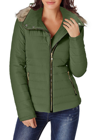 Army Green Faux Fur Hooded Zip Up Quilted Jacket