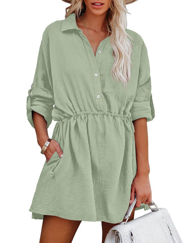 Mint Cuffed Long Sleeves Elastic-Waist Shirt Dress