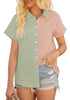 Front view of model wearing sage green short sleeves colorblock button-up top