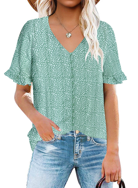 Model wearing light green ruffle trim short sleeves printed V-neck button-down top