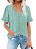 Model wearing light green ruffle trim short sleeves printed V-neck button-down top