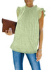 Front view of model wearing mint ruffle mock neck sleeveless swiss tunic top