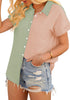 Angled shot of model wearing sage green short sleeves colorblock button-up top