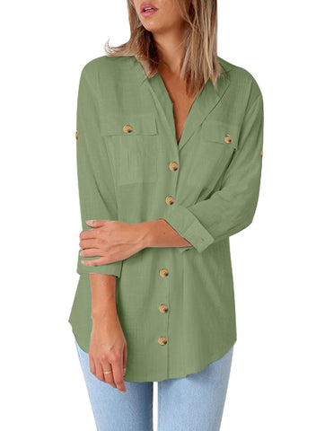 Mint Green Long Cuffed Sleeves Lapel Button-Up Blouse