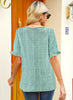 Back view of model wearing light green ruffle trim short sleeves printed V-neck button-down top