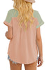 Back view of model wearing sage green short sleeves colorblock button-up top