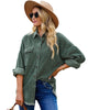 Front view of model wearing dark green drop shoulders contrast corduroy button-down jacket