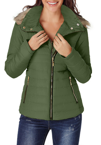 Army Green Faux Fur Hooded Zip Up Quilted Jacket