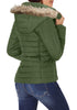 Back view of model wearing army green faux fur hooded zip up quilted jacket 