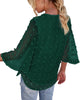 Back view of model wearing dark green 3/4 sleeves pompom tie-front top