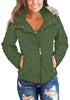 Model poses wearing army green faux fur hooded zip up quilted jacket 