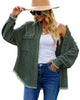 Front view of model wearing dark green drop shoulders contrast corduroy button-down jacket