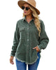 Front view of model wearing dark green drop shoulders contrast corduroy button-down jacket