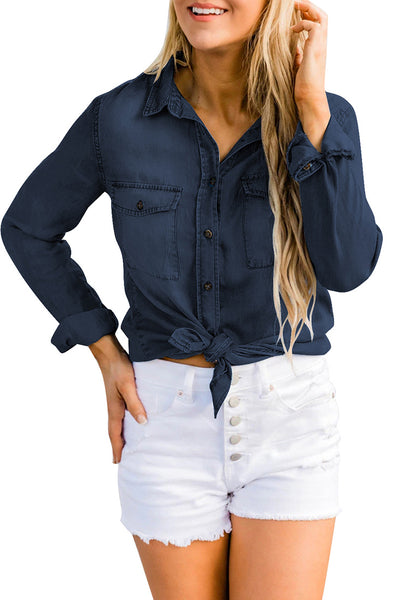 Women's Long Sleeve Collared Shirt Button Down Denim Blouse Tops