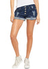 Angel shot of dark blue roll-over hem button-up distressed denim shorts showing details