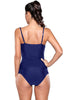 Angled back view of model in blue ruched tankini set